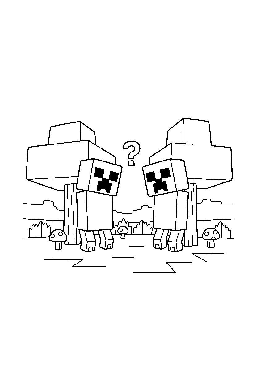 minecraft creeper looking around curiously in a forest line art