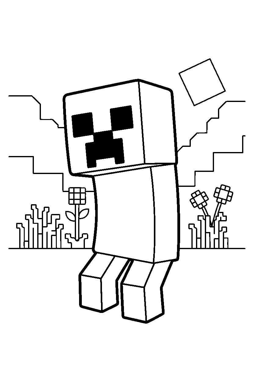 minecraft creeper looking around curiously in a meadow line art