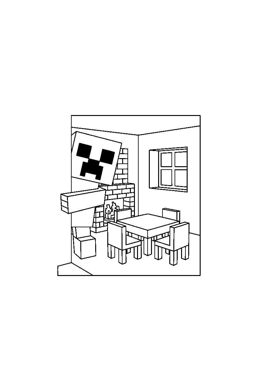 minecraft creeper looking around curiously inside a house line art