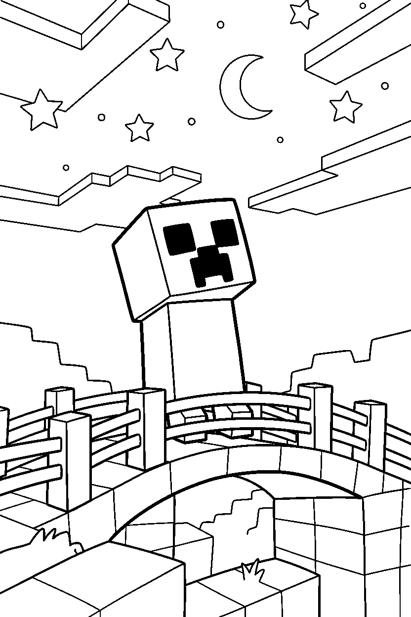 minecraft creeper looking at the sky on a bridge line art