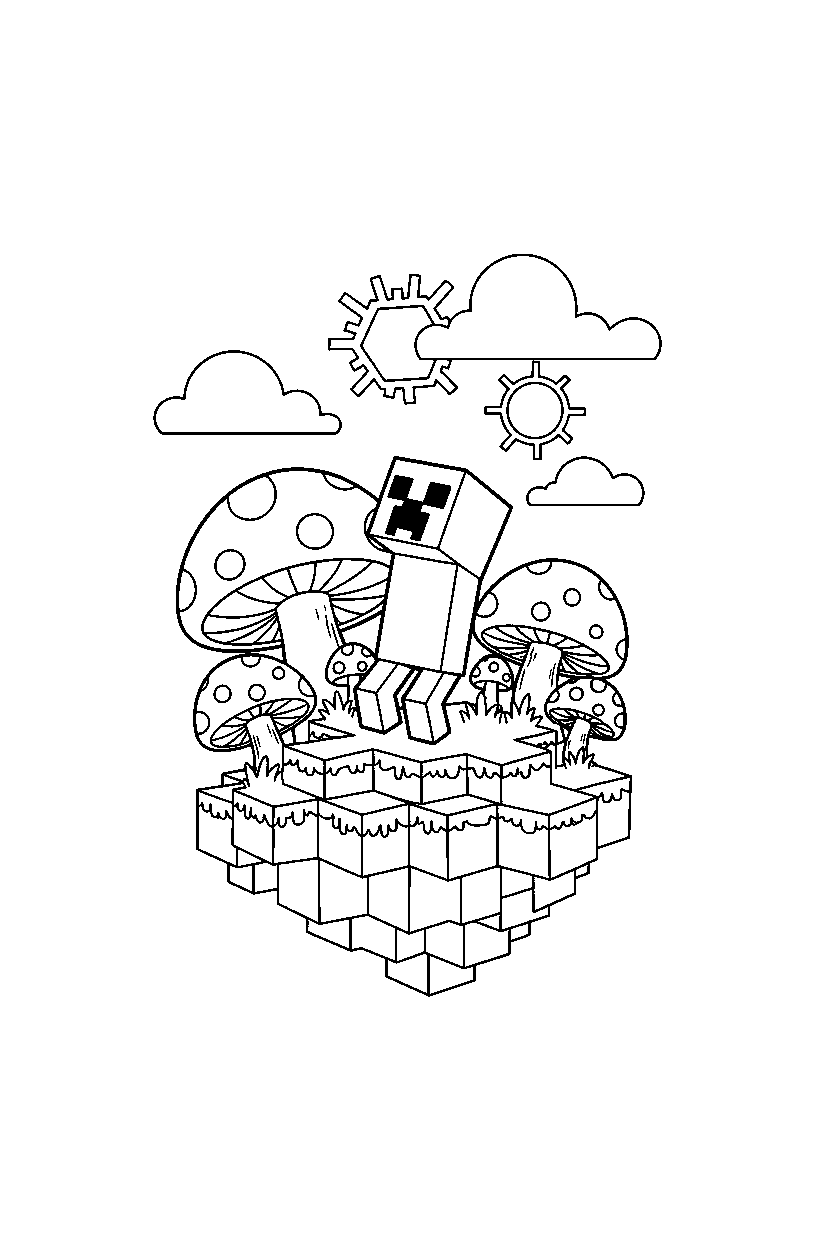 minecraft creeper looking at the sky on a mushroom island line art