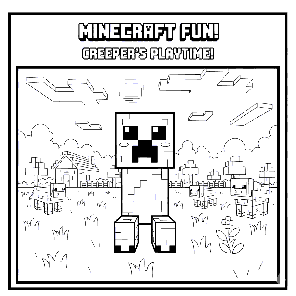 minecraft creeper playtime village line art