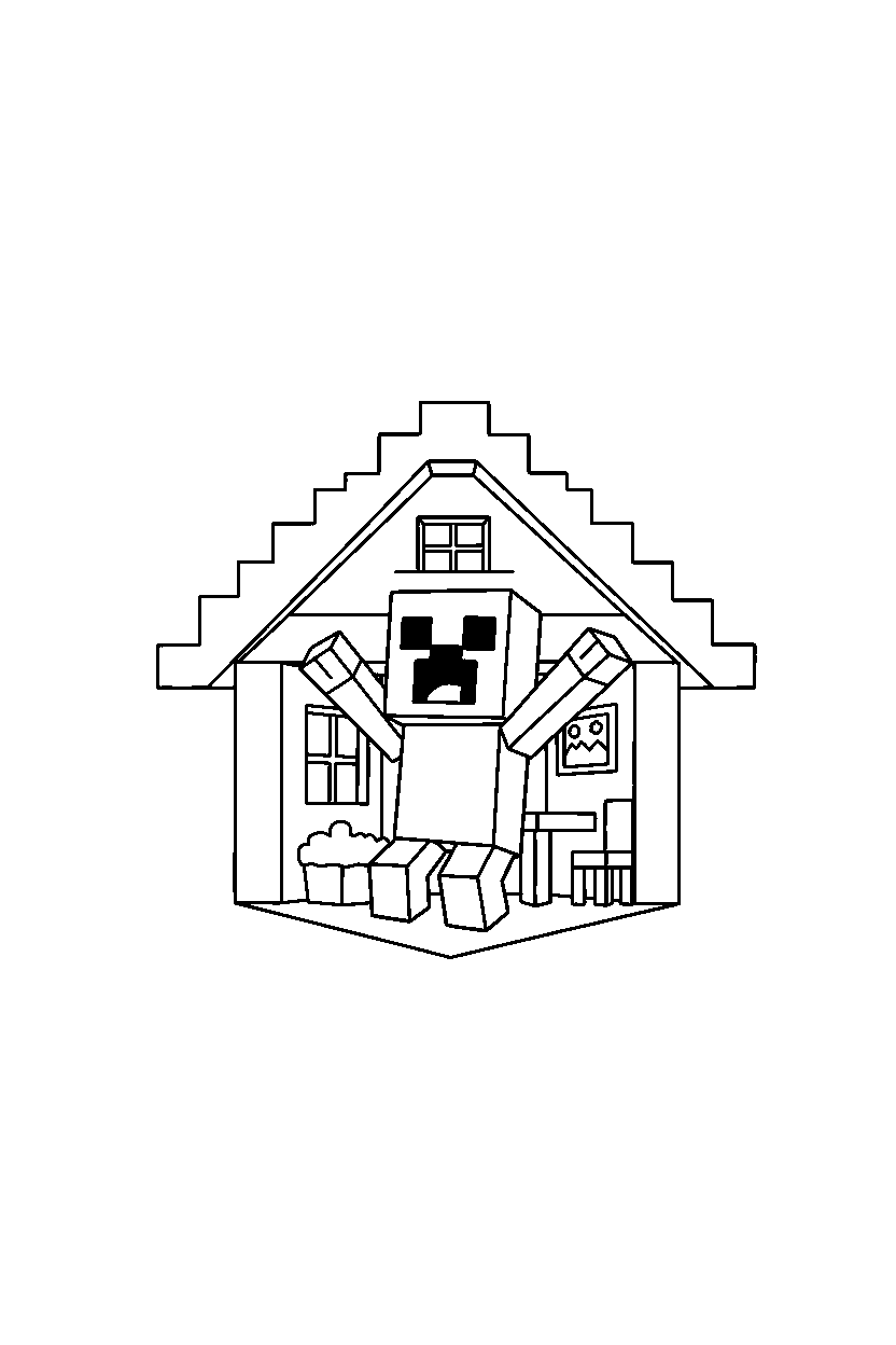 minecraft creeper posing happily inside a house line art