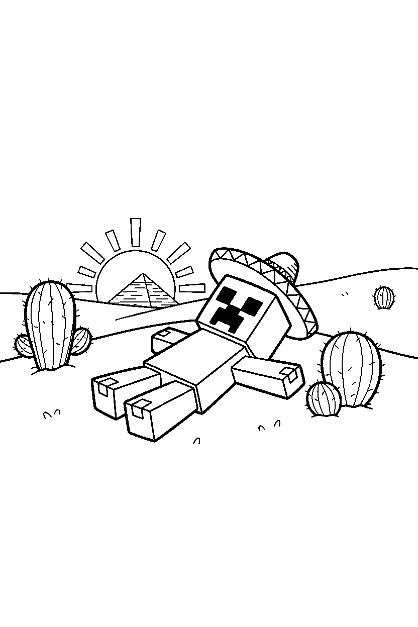 minecraft creeper relaxing peacefully in a desert line art