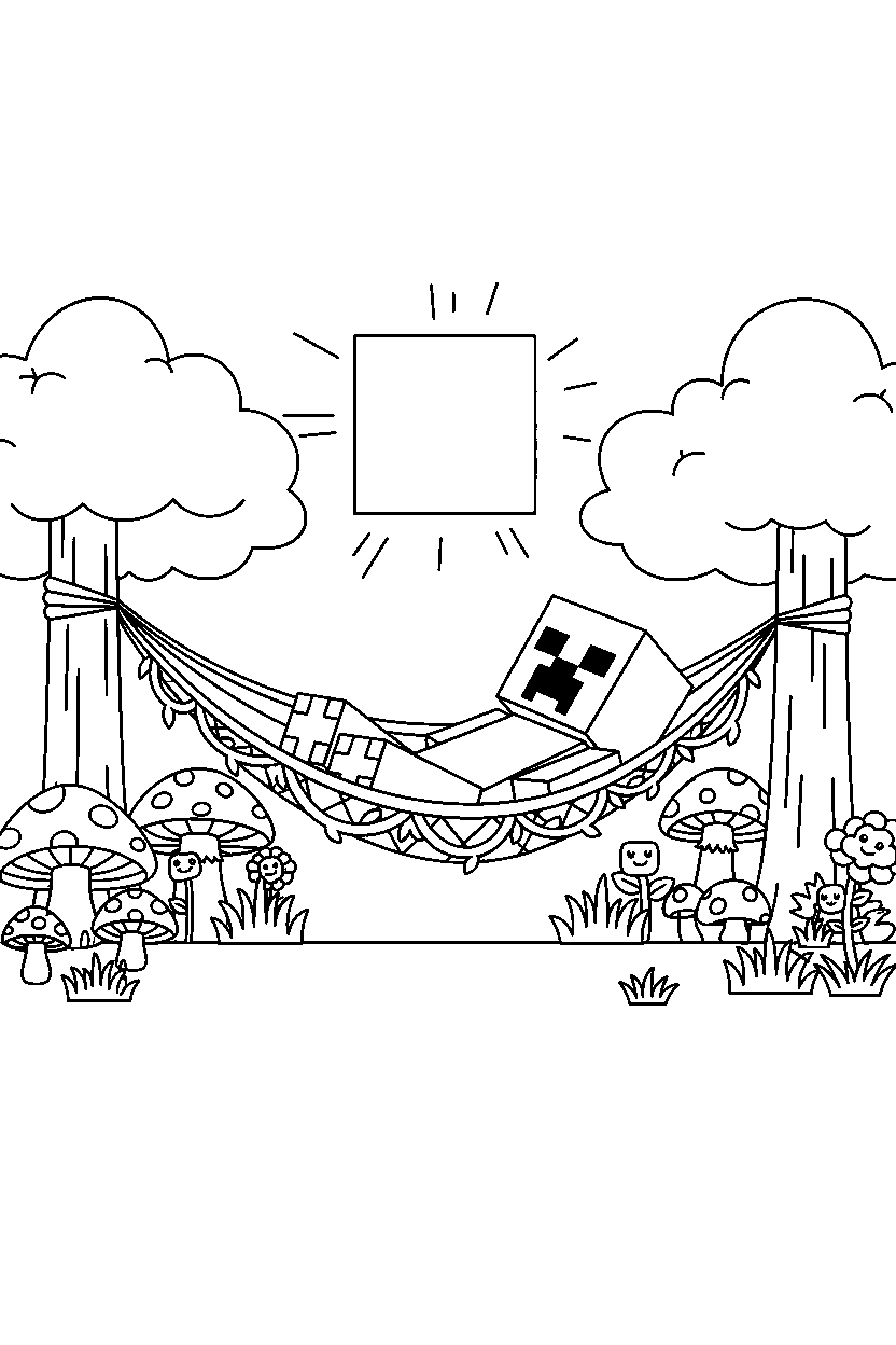 minecraft creeper relaxing peacefully in a forest line art