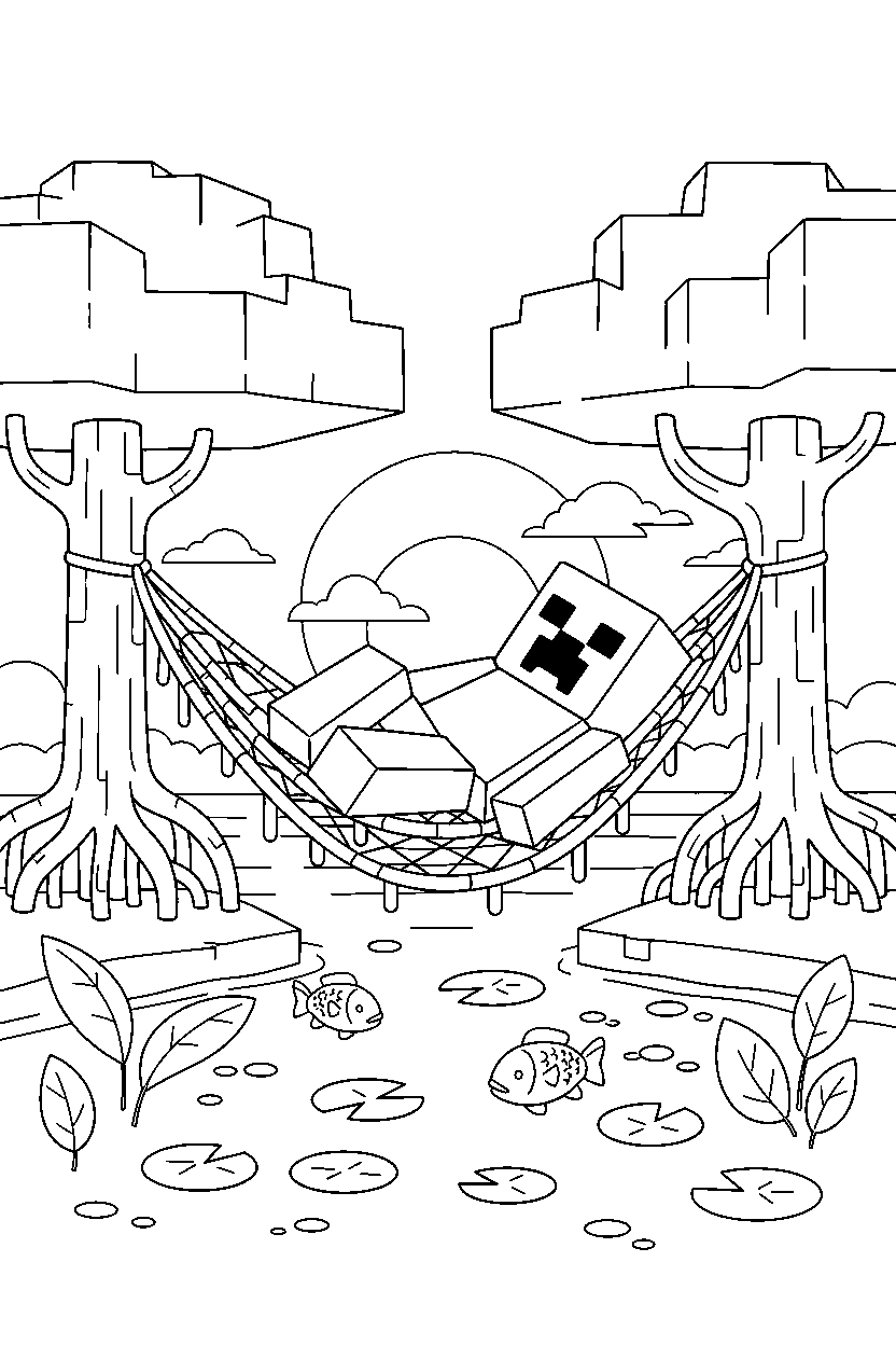 minecraft creeper relaxing peacefully in a mangrove swamp line art
