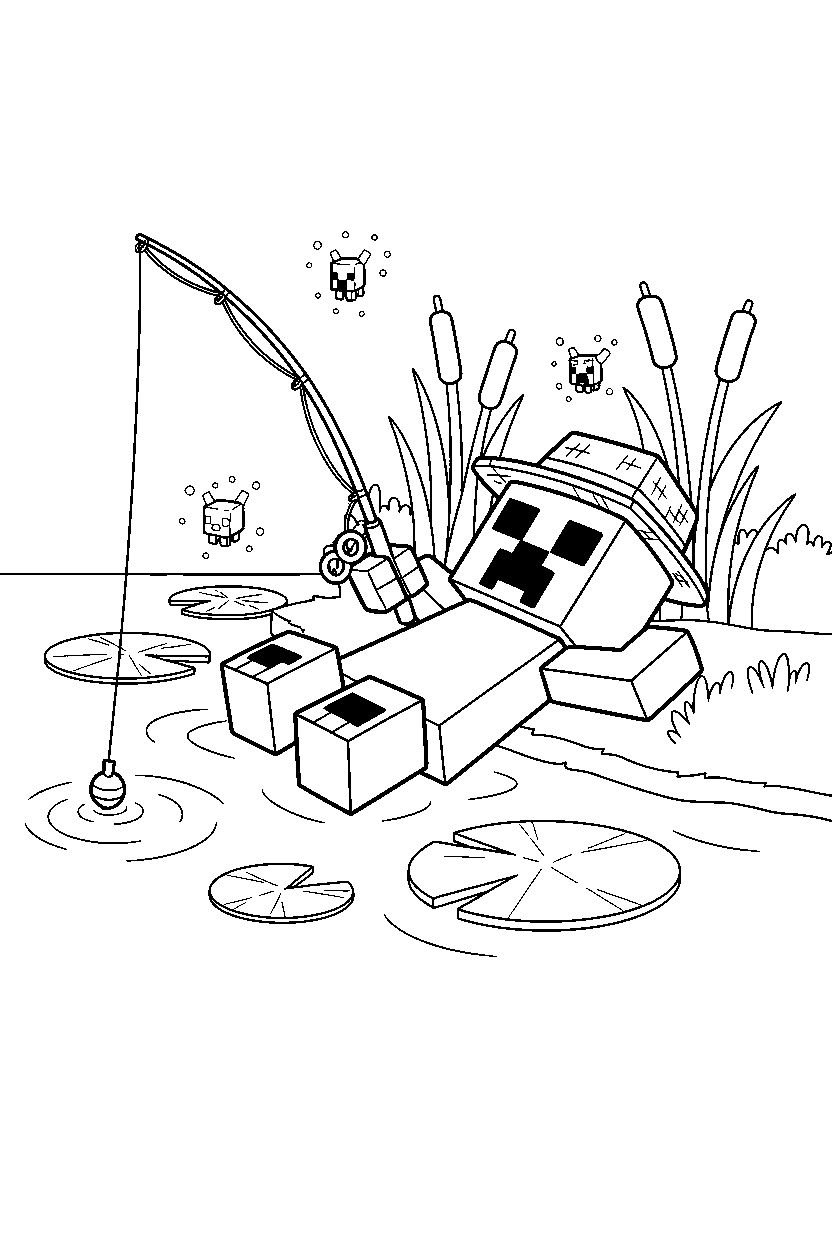 minecraft creeper relaxing peacefully in a swamp line art