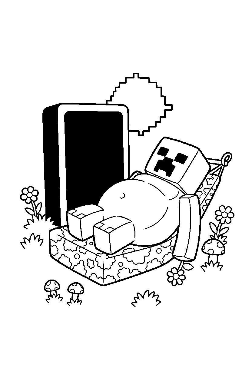 minecraft creeper relaxing peacefully near a nether portal line art