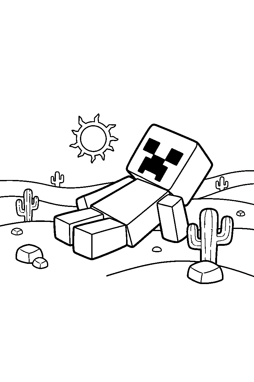 minecraft creeper resting calmly in a desert line art