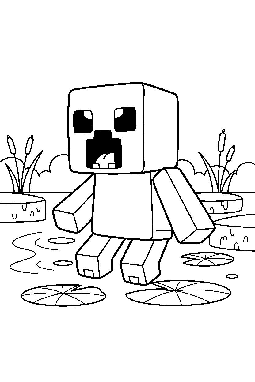 minecraft creeper roaring playfully in a swamp line art