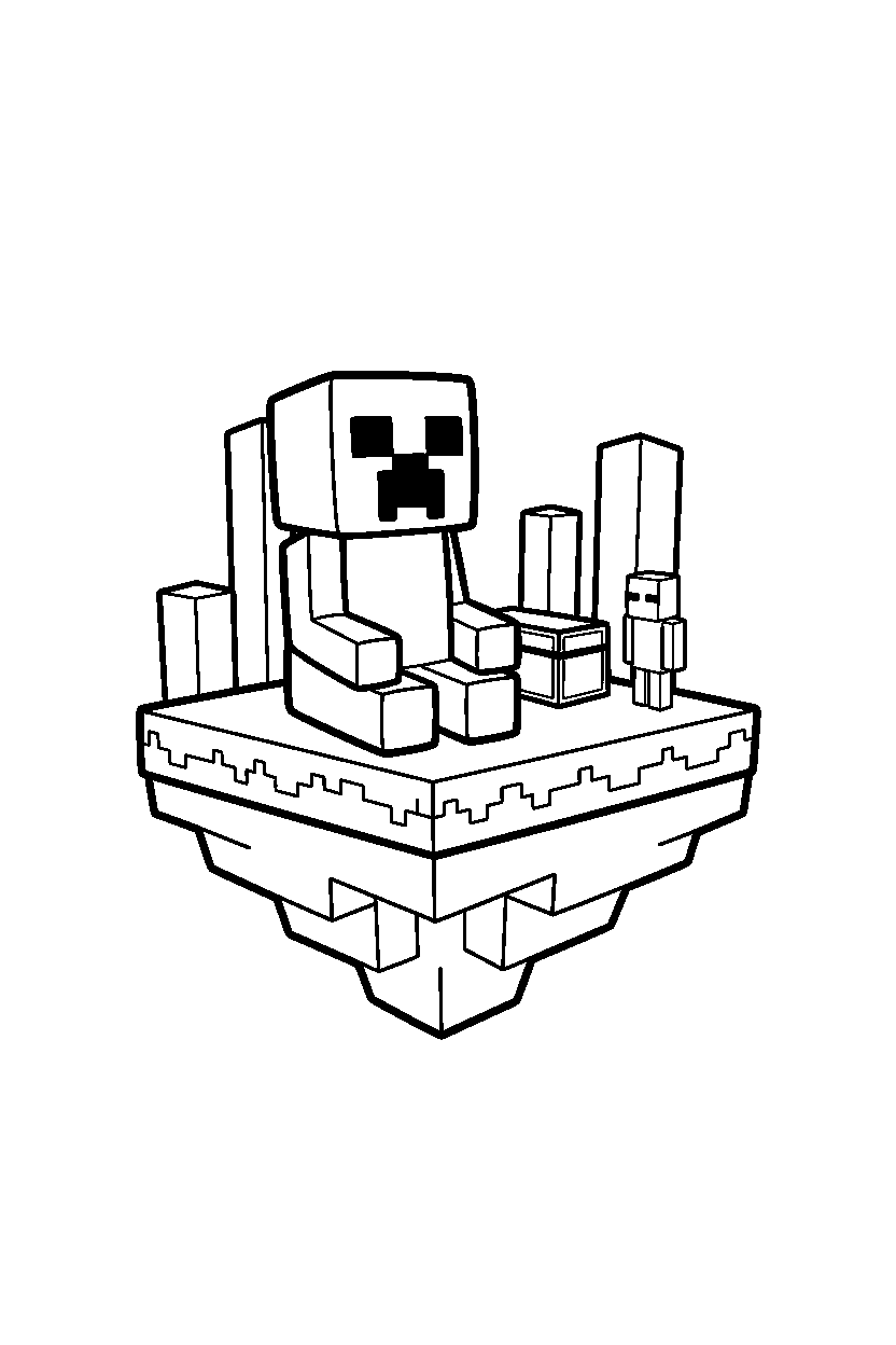 minecraft creeper sitting calmly on an end island line art