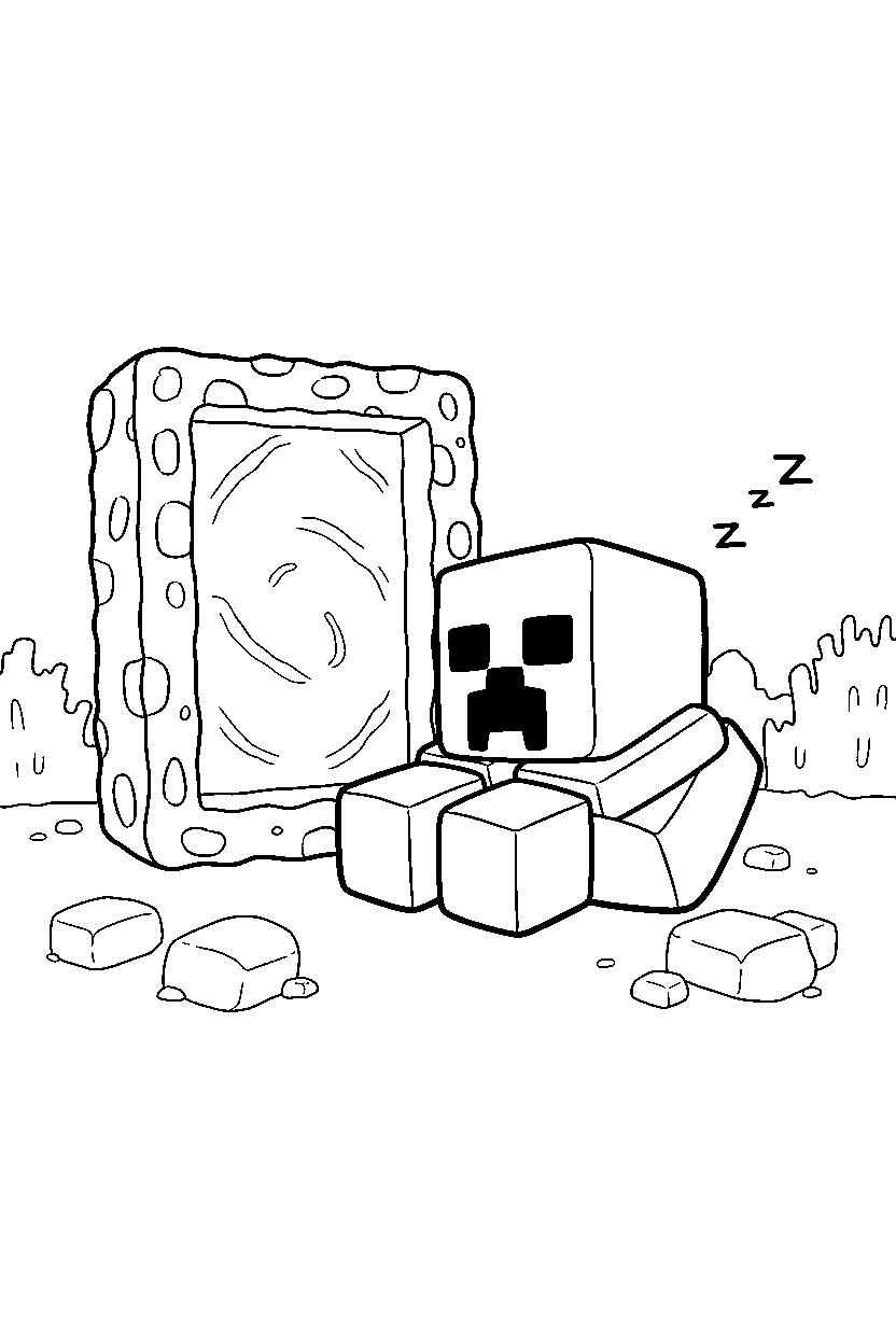 minecraft creeper sleeping peacefully near a portal line art