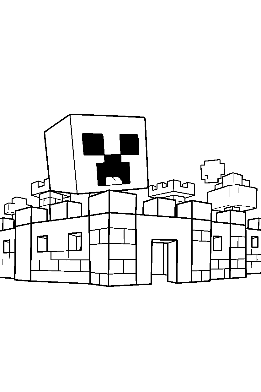 minecraft creeper smiling happily in a castle base line art