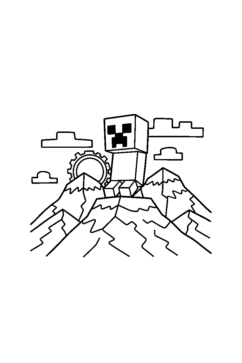 minecraft creeper smiling happily in mountains line art