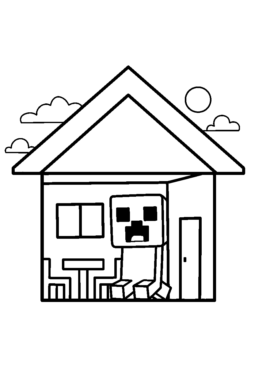 minecraft creeper smiling happily inside a house line art