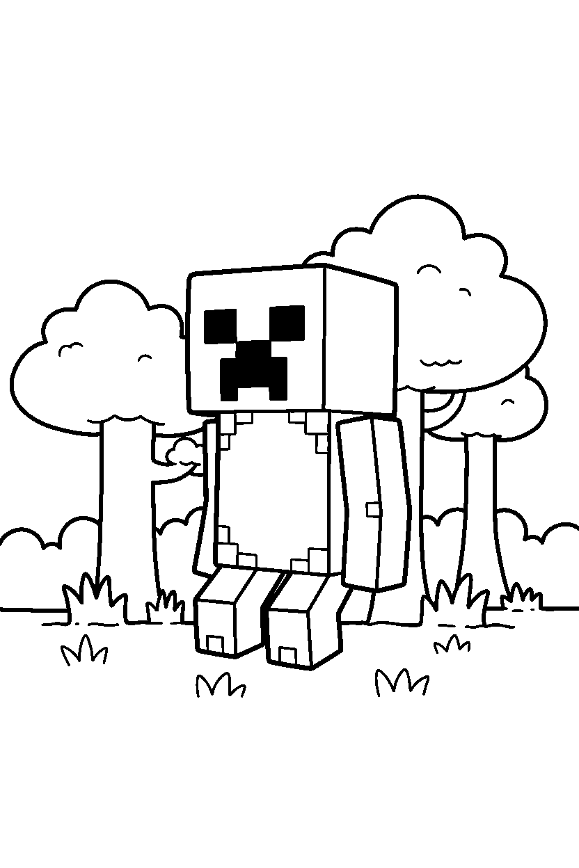 minecraft creeper standing calmly in a forest line art