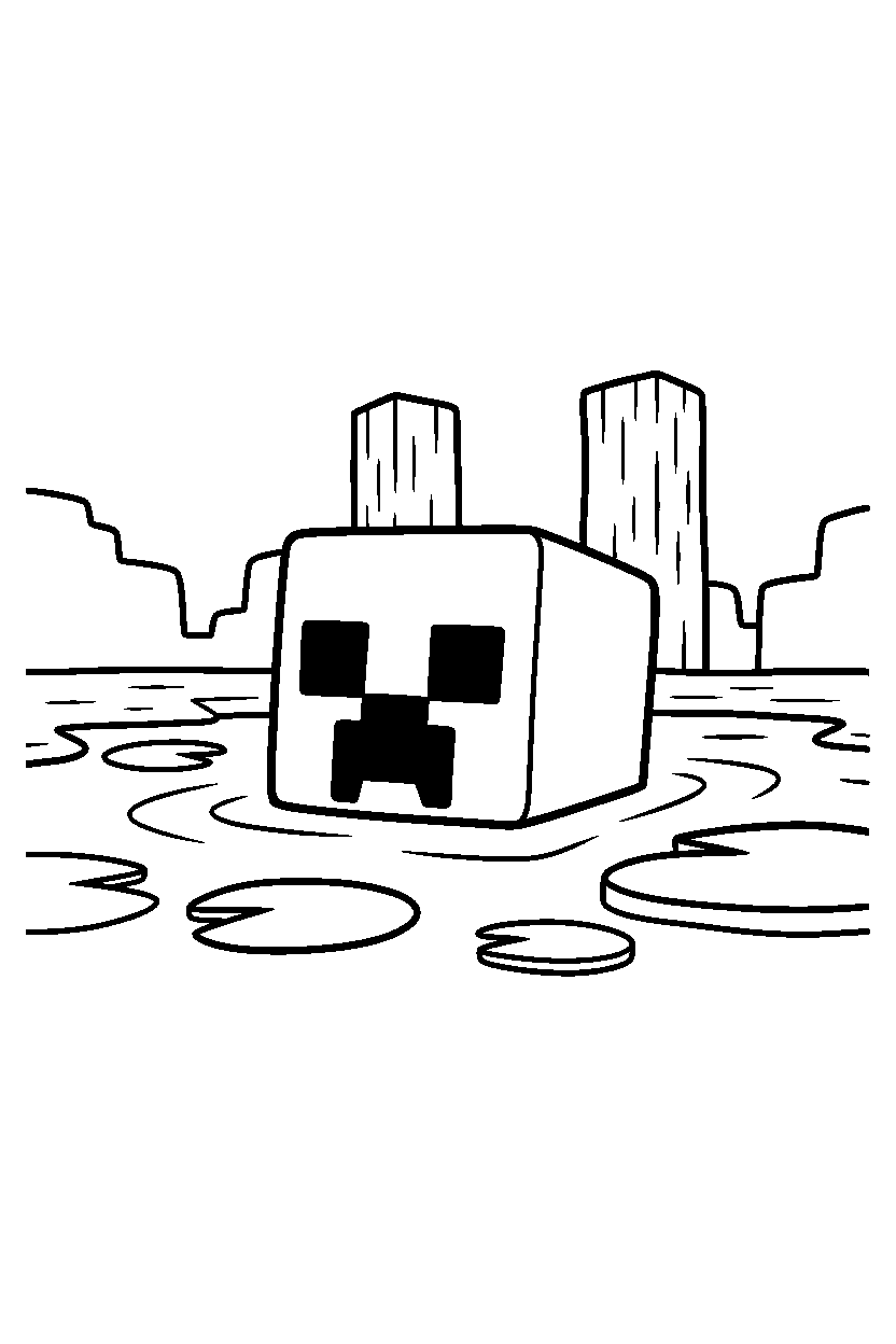 minecraft creeper swimming calmly in a swamp line art