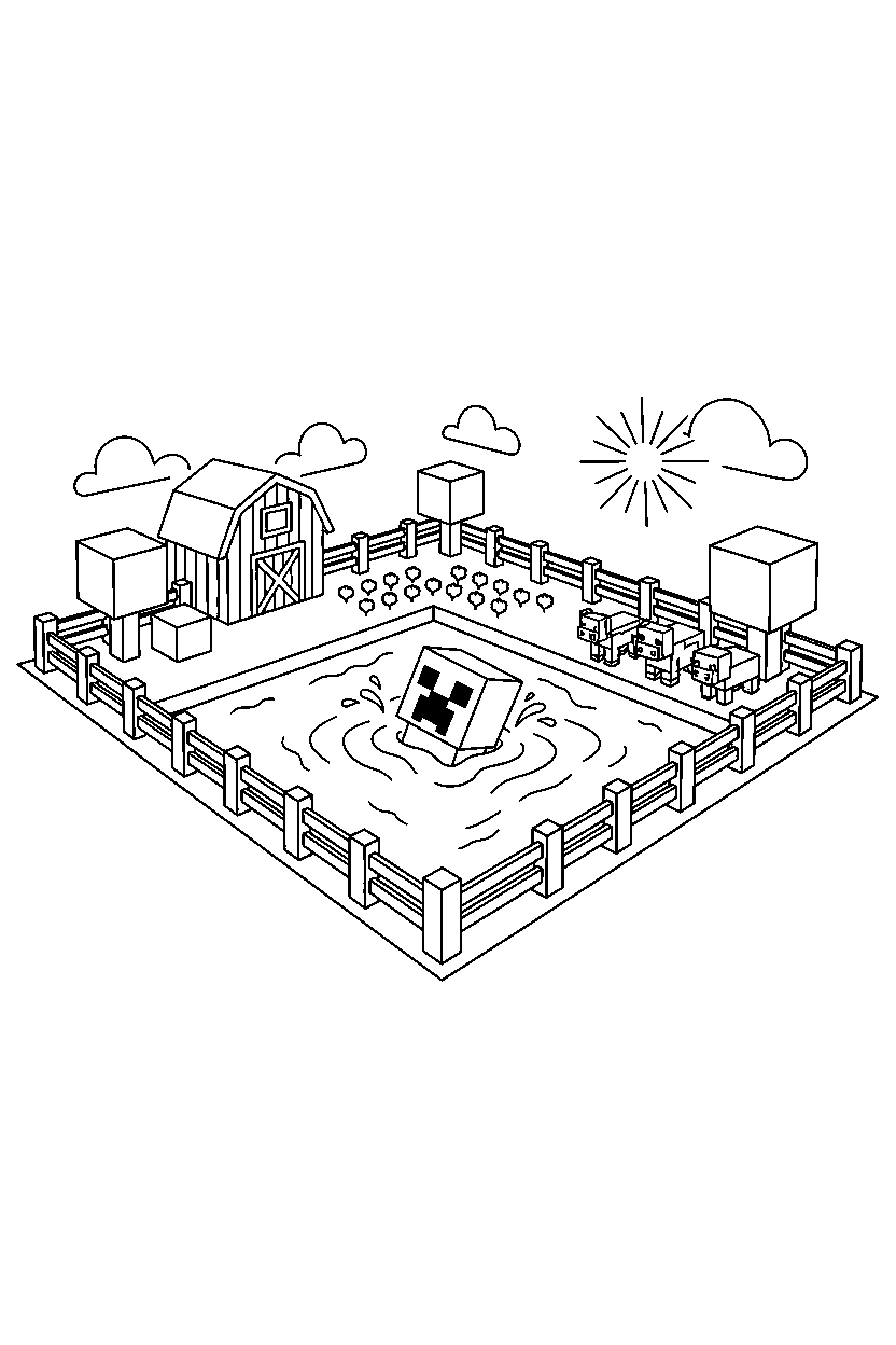 minecraft creeper swimming inside a farm line art