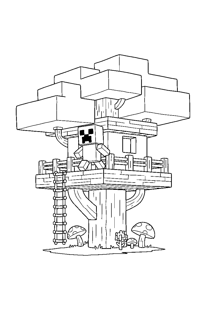 minecraft creeper walking happily in a treehouse base line art