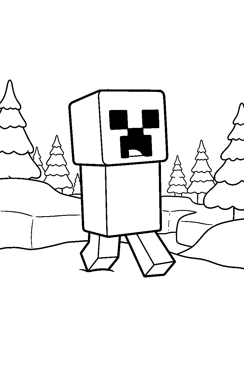 minecraft creeper walking happily in snowy tundra line art