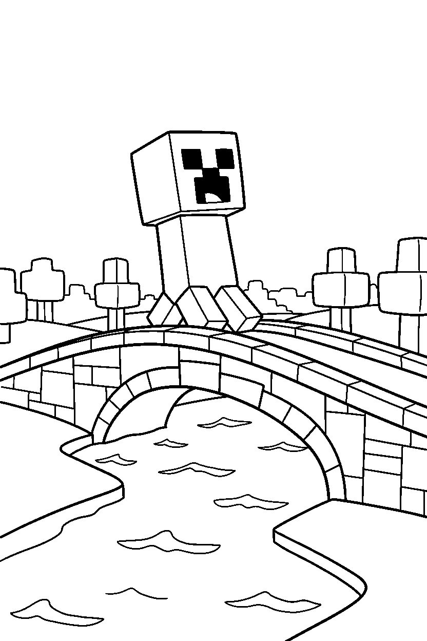 minecraft creeper walking happily on a bridge line art