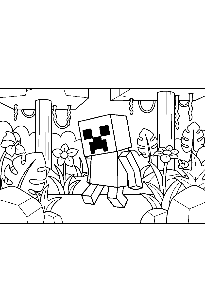 minecraft creeper wandering curiously in a jungle line art