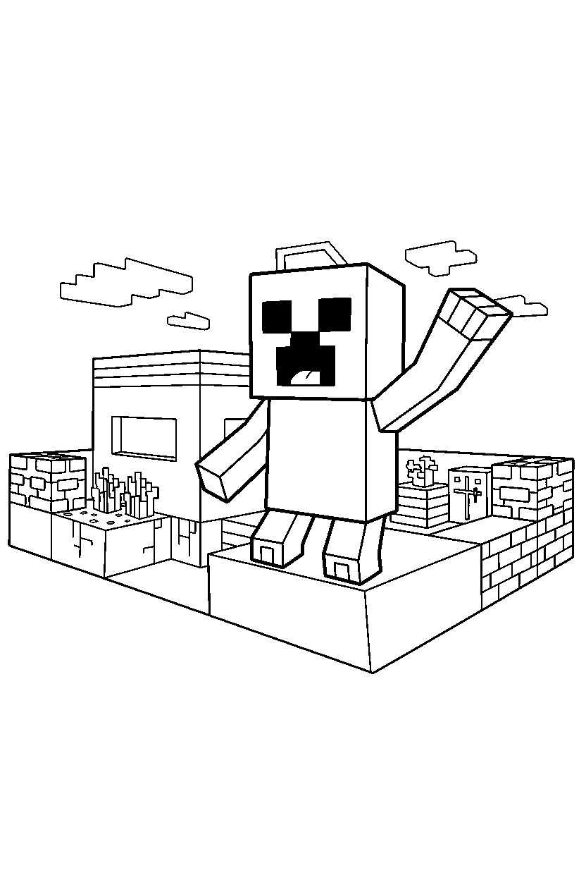 minecraft creeper waving happily in a survival base line art