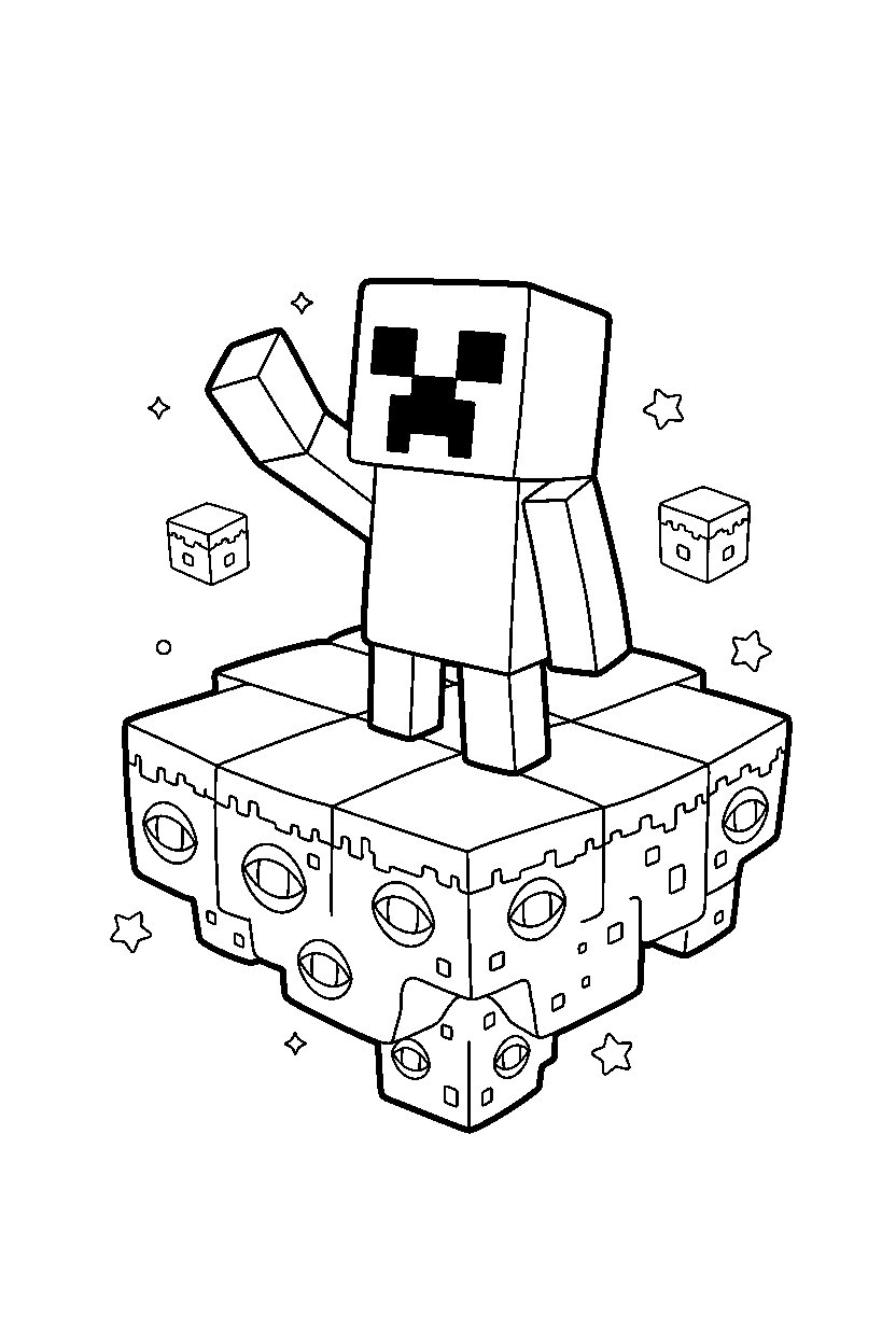 minecraft creeper waving happily on an end island line art