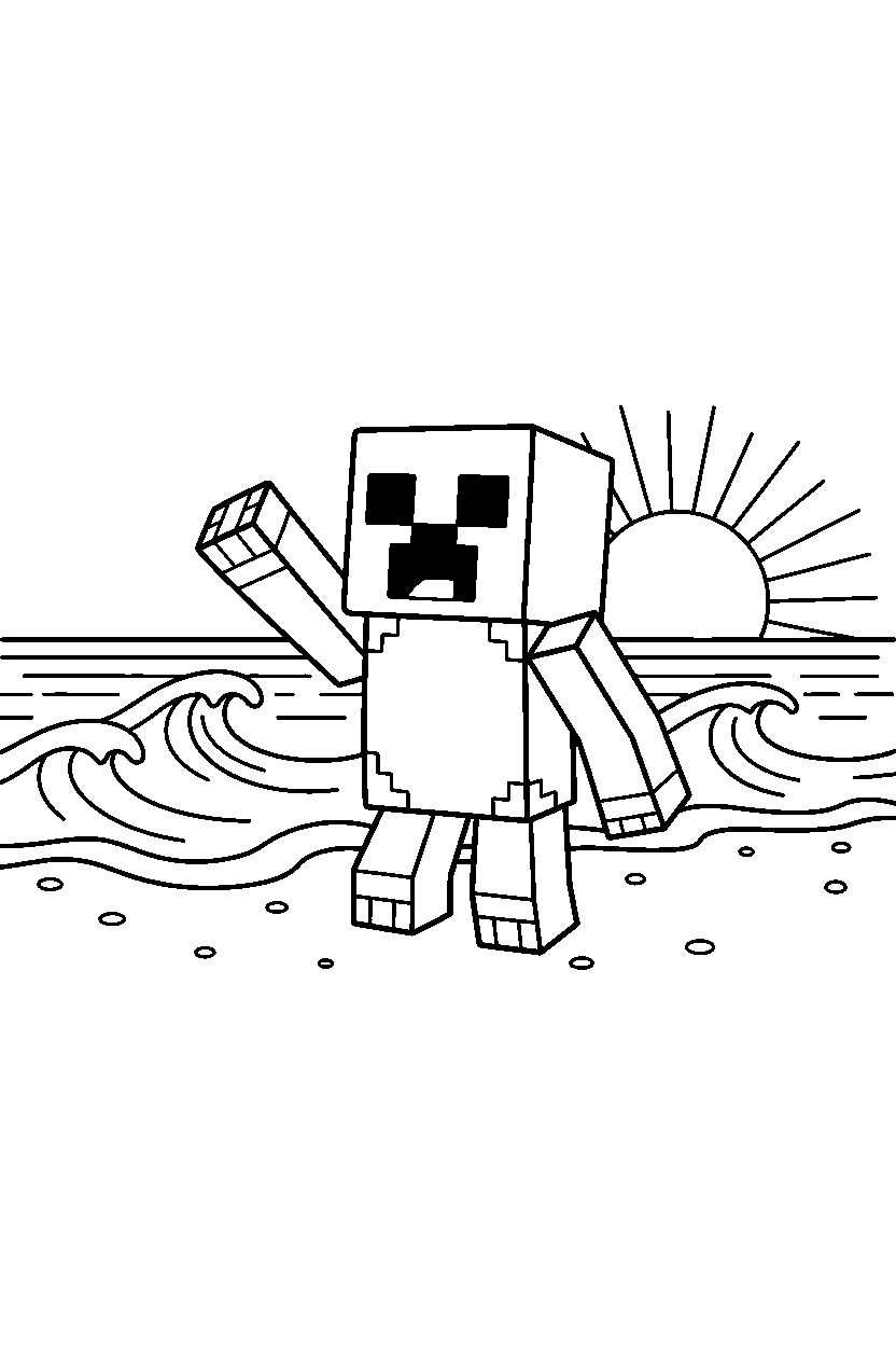 minecraft creeper waving happily on an ocean shore line art