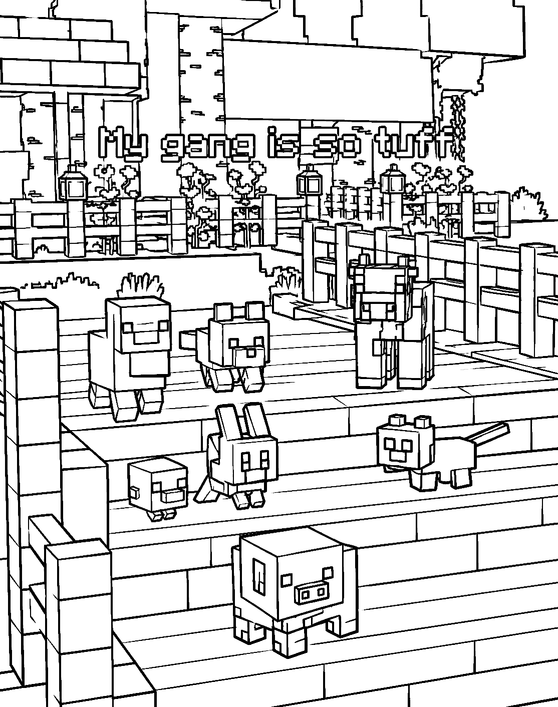 minecraft cute animal gang on village stairs line art for kids