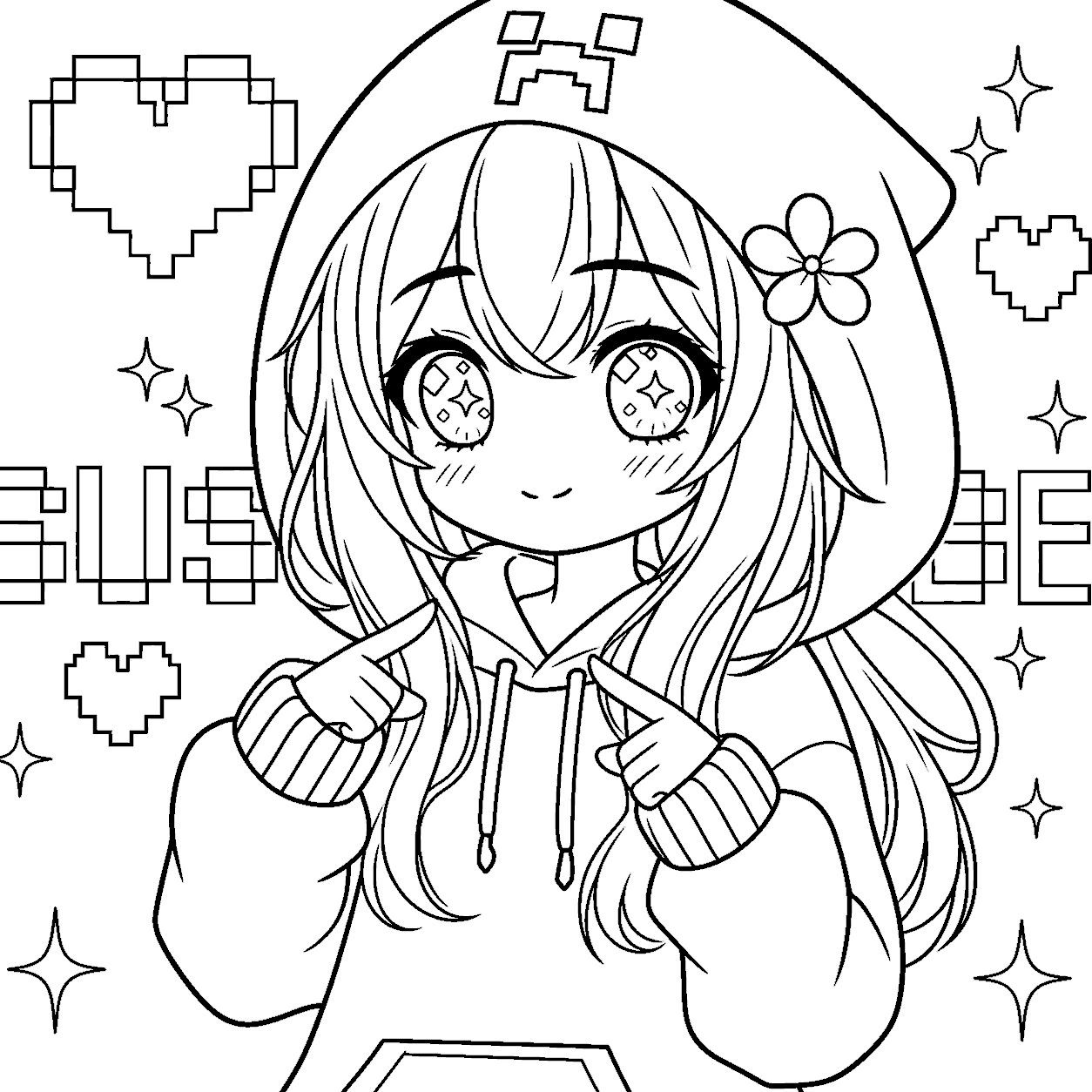 minecraft cute anime girl in creeper hoodie line art for kids