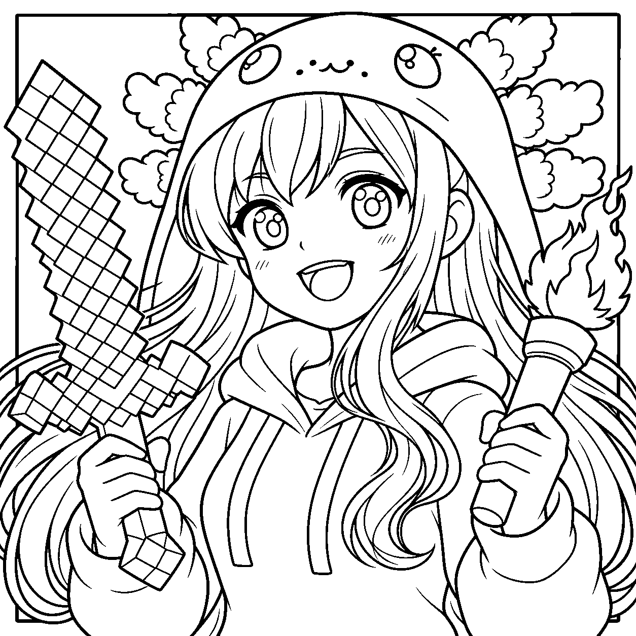 minecraft cute anime girl with diamond sword and axolotl hoodie line art for kids