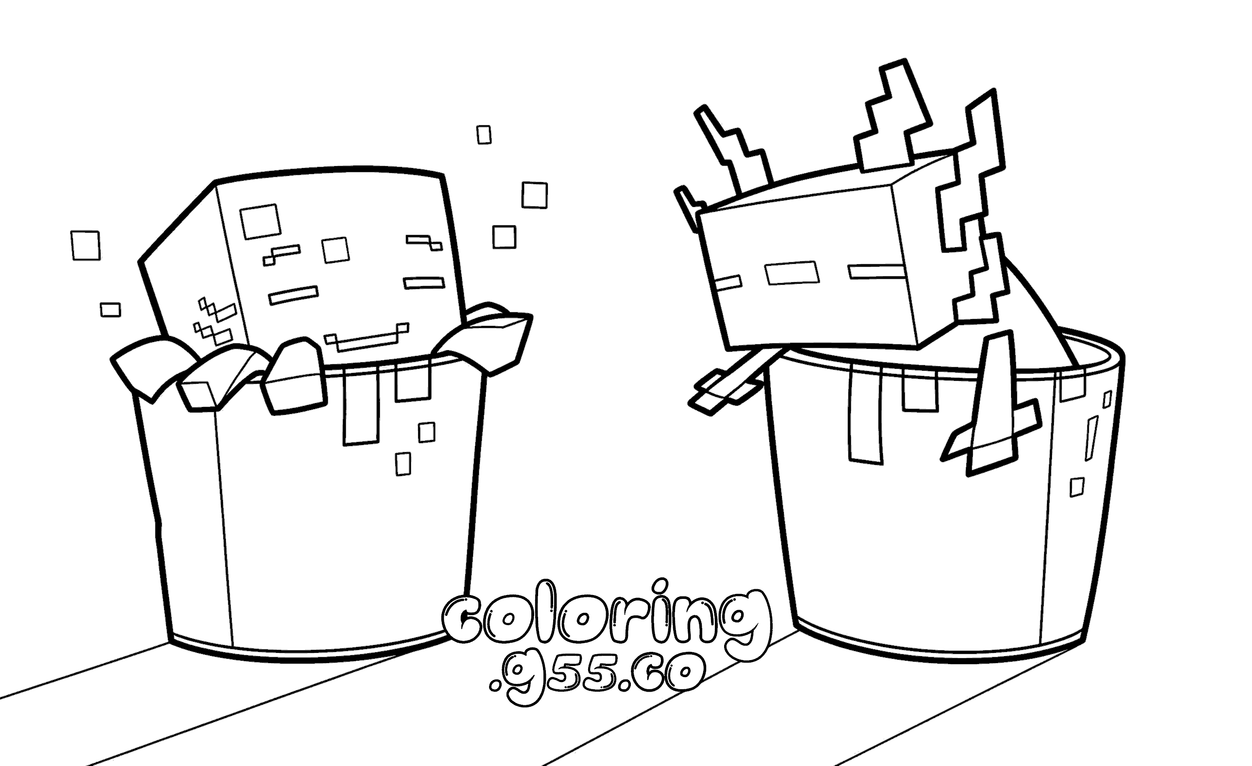 minecraft cute axolotl and ghast in buckets line art for kids