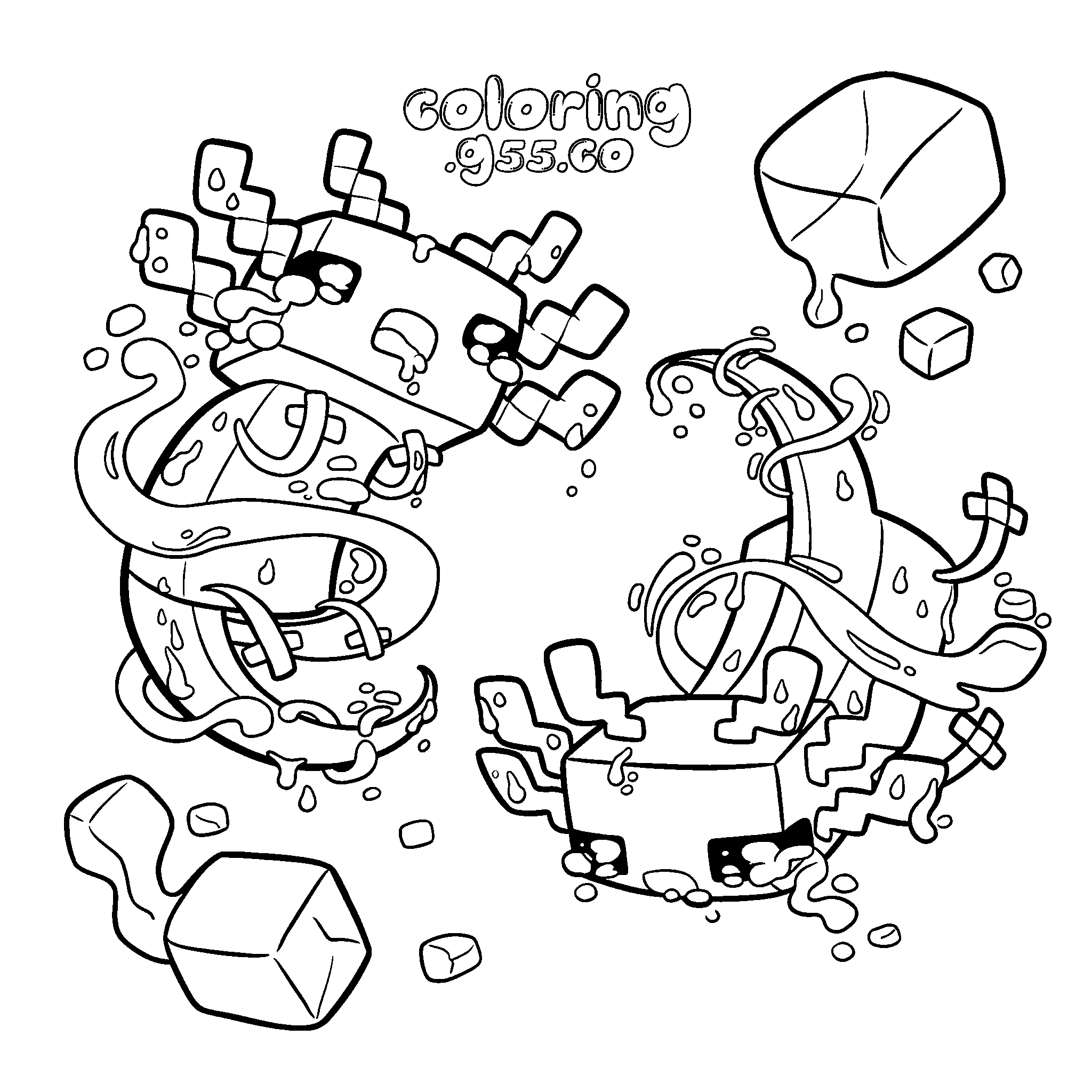 minecraft cute axolotls swimming with ice cubes line art for kids