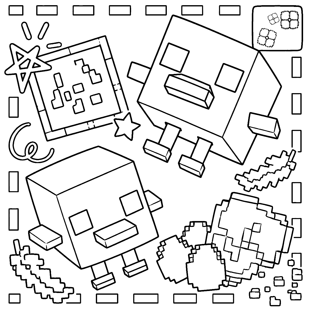 minecraft cute baby chickens playing line art