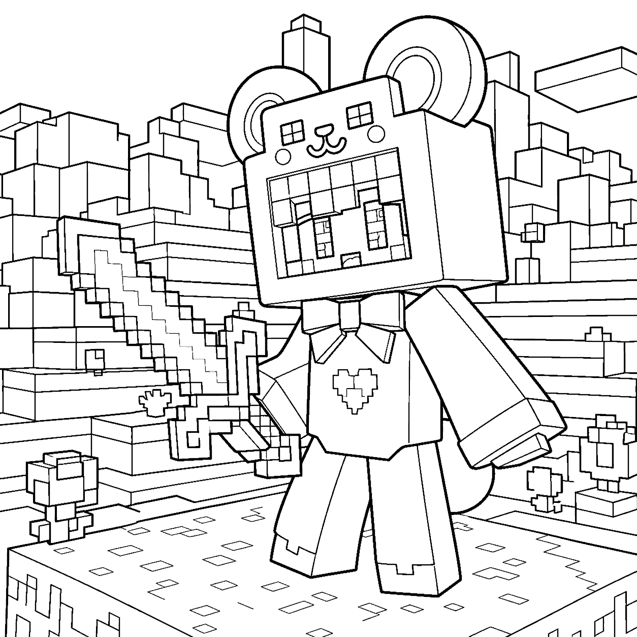 minecraft cute character skin in bear helmet line art for kids