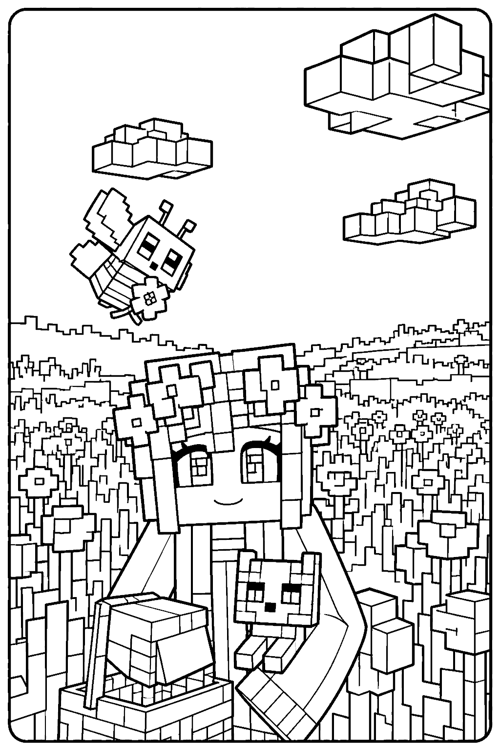 minecraft cute girl skin with flower crown and ocelot line art for kids