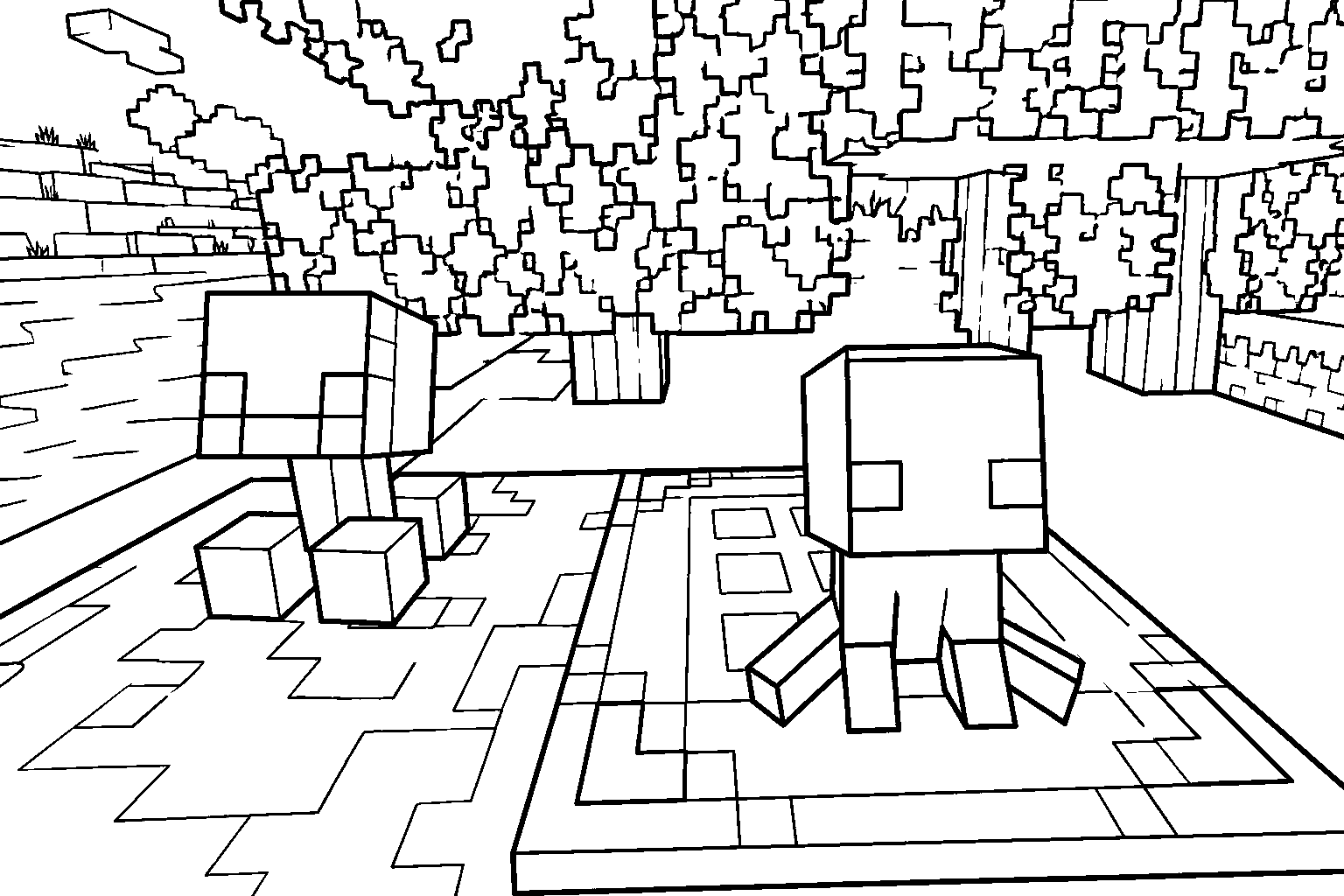 minecraft cute strider and creeper nether oasis line art