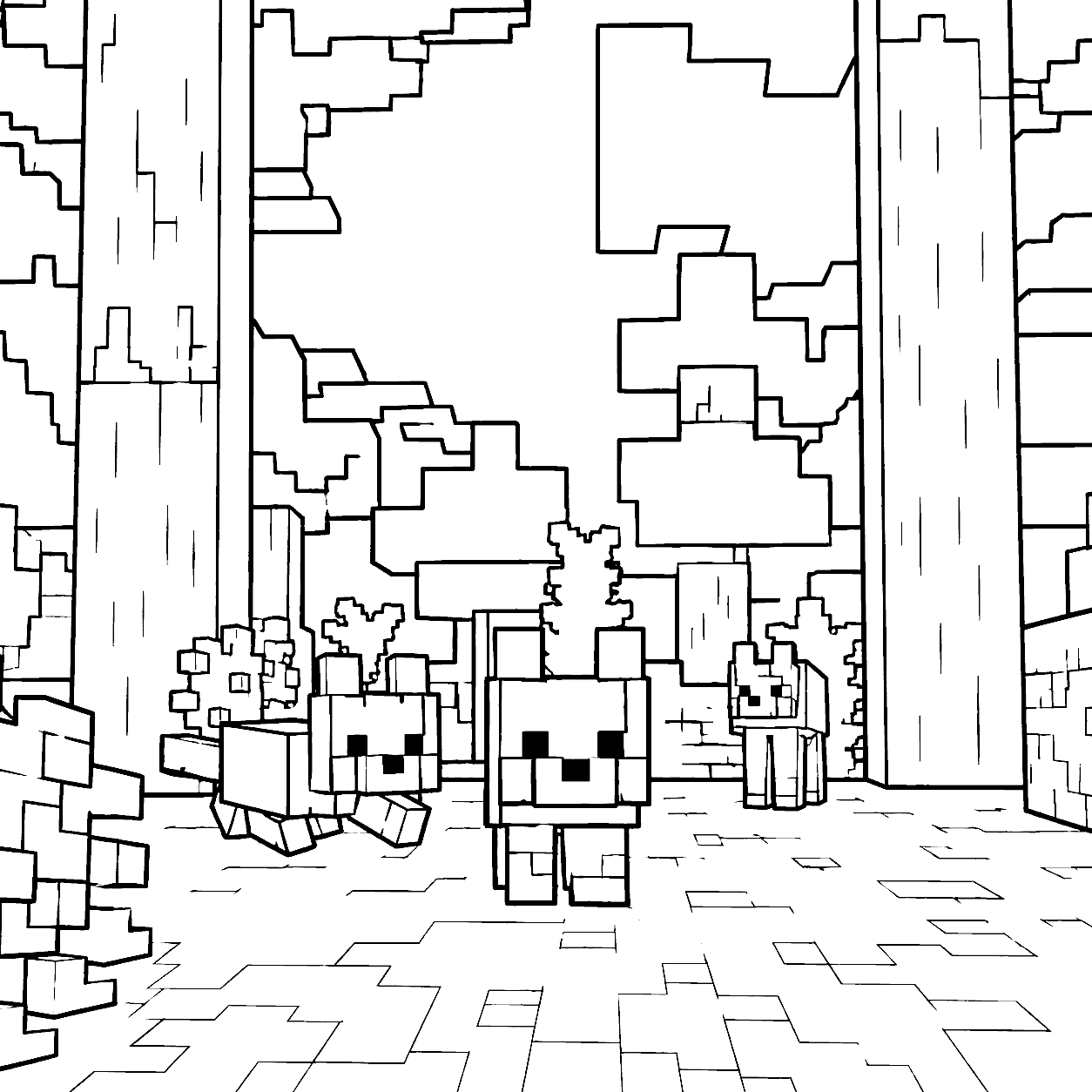 minecraft cute wolves pack in forest line art