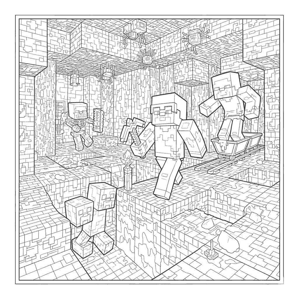 minecraft deep cave mining line art
