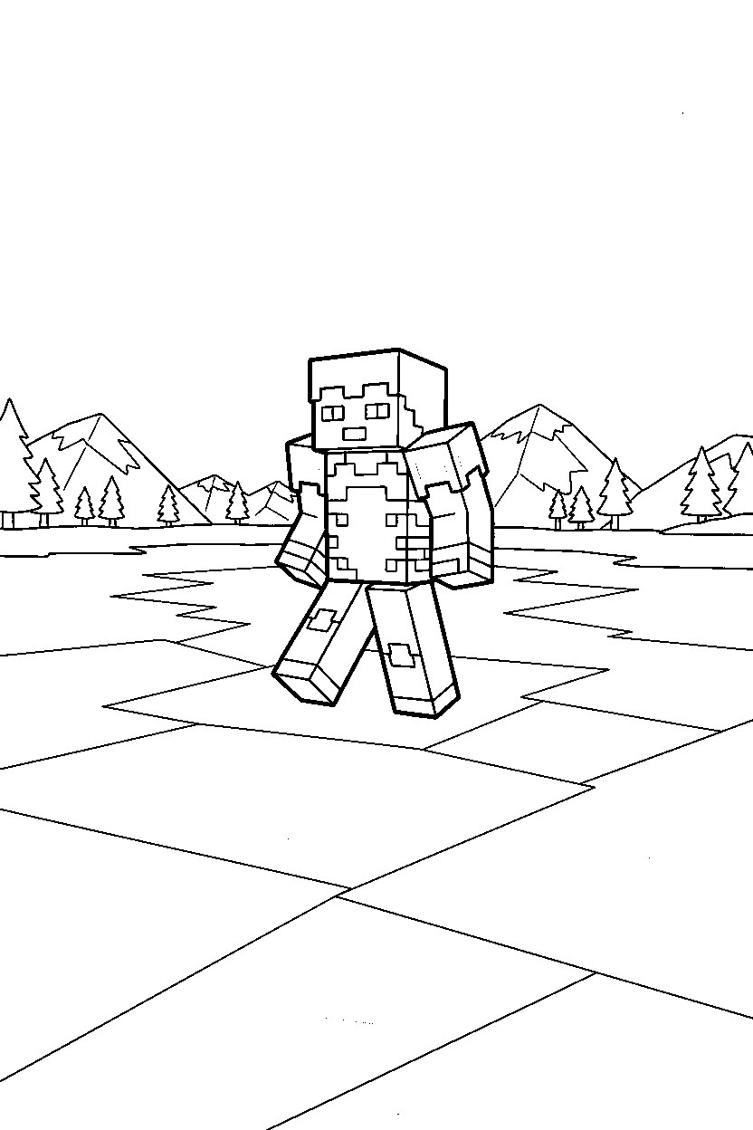 minecraft diamond armor player walking slowly on frozen lake line art