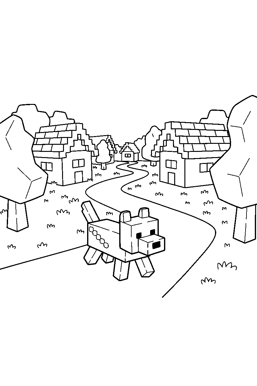 minecraft dog walking on village path line art