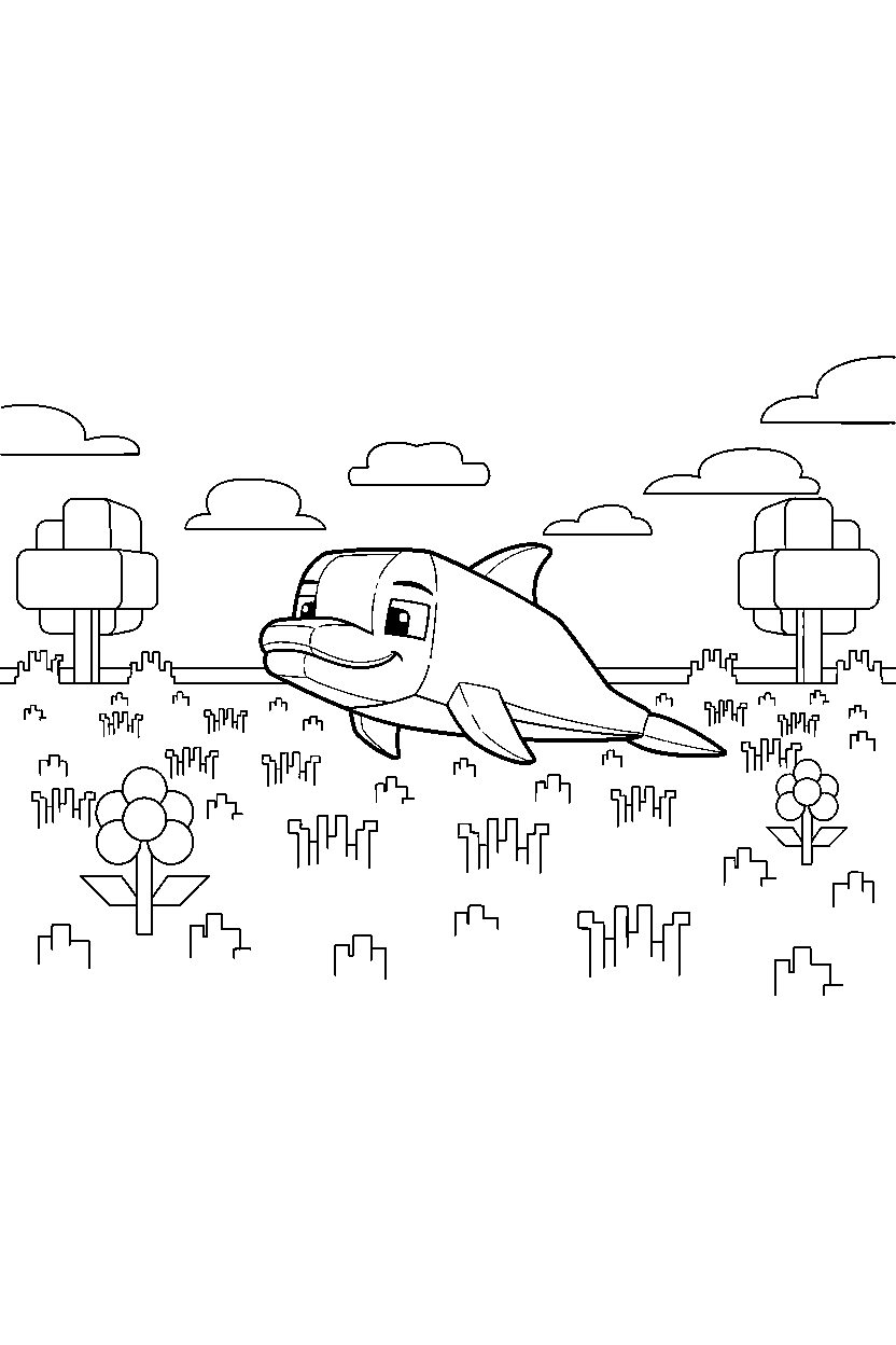 minecraft dolphin exploring curiously in a meadow line art