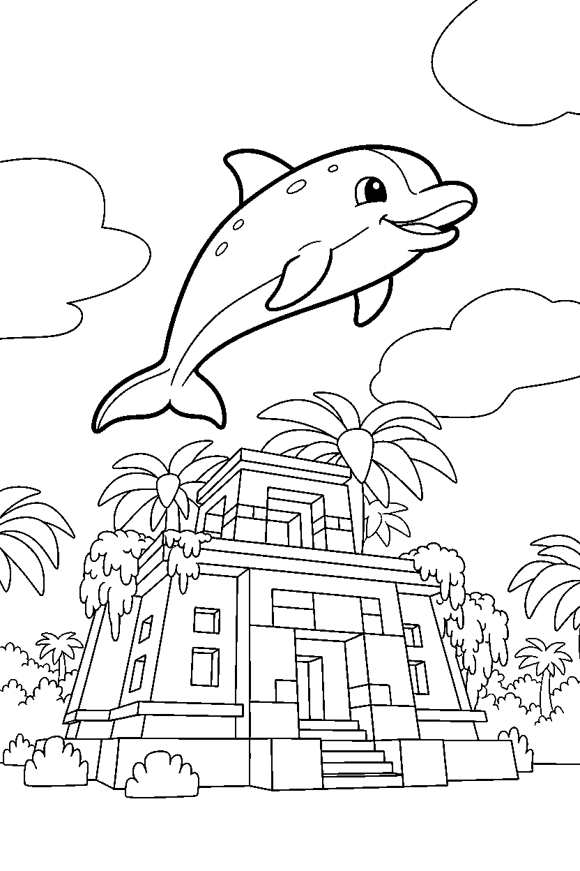 minecraft dolphin flying in a jungle temple line art