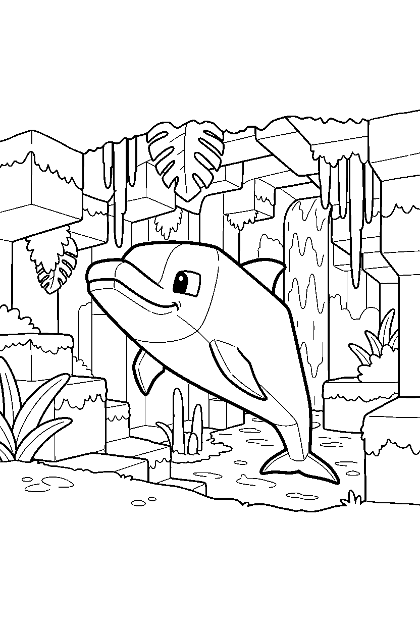 minecraft dolphin looking around curiously in a lush cave line art