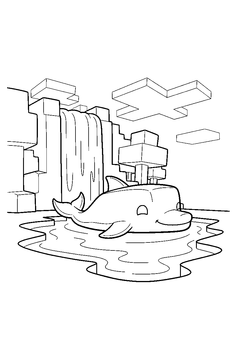 minecraft dolphin relaxing peacefully near a waterfall line art