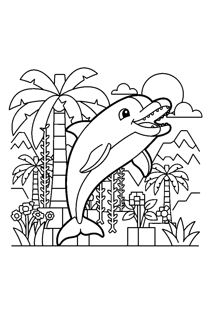 minecraft dolphin roaring playfully in a jungle line art
