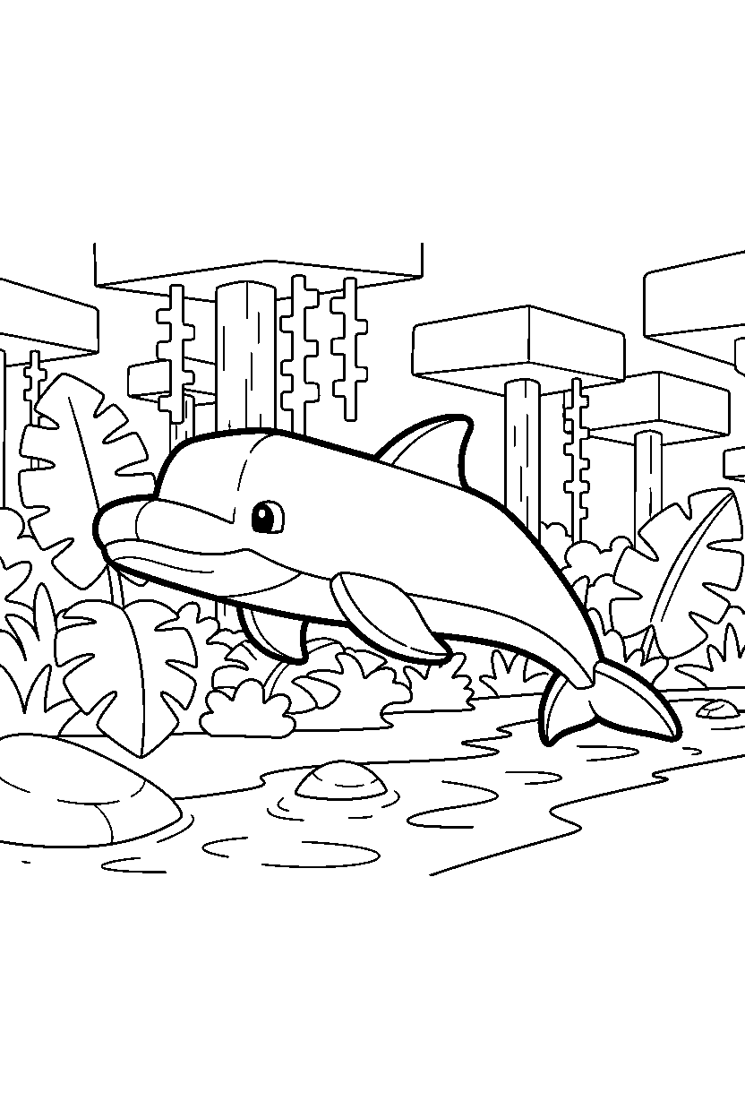 minecraft dolphin swimming calmly in a jungle line art