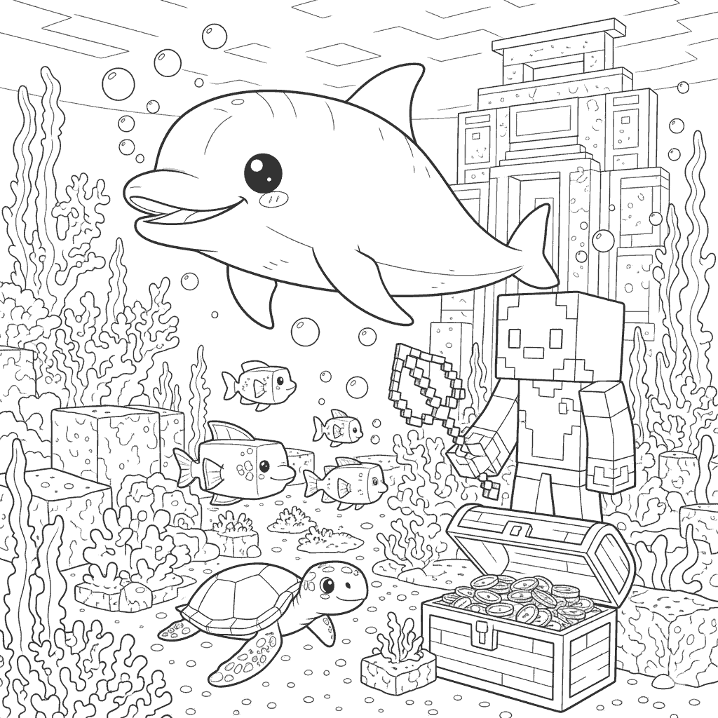 minecraft dolphin underwater treasure line art