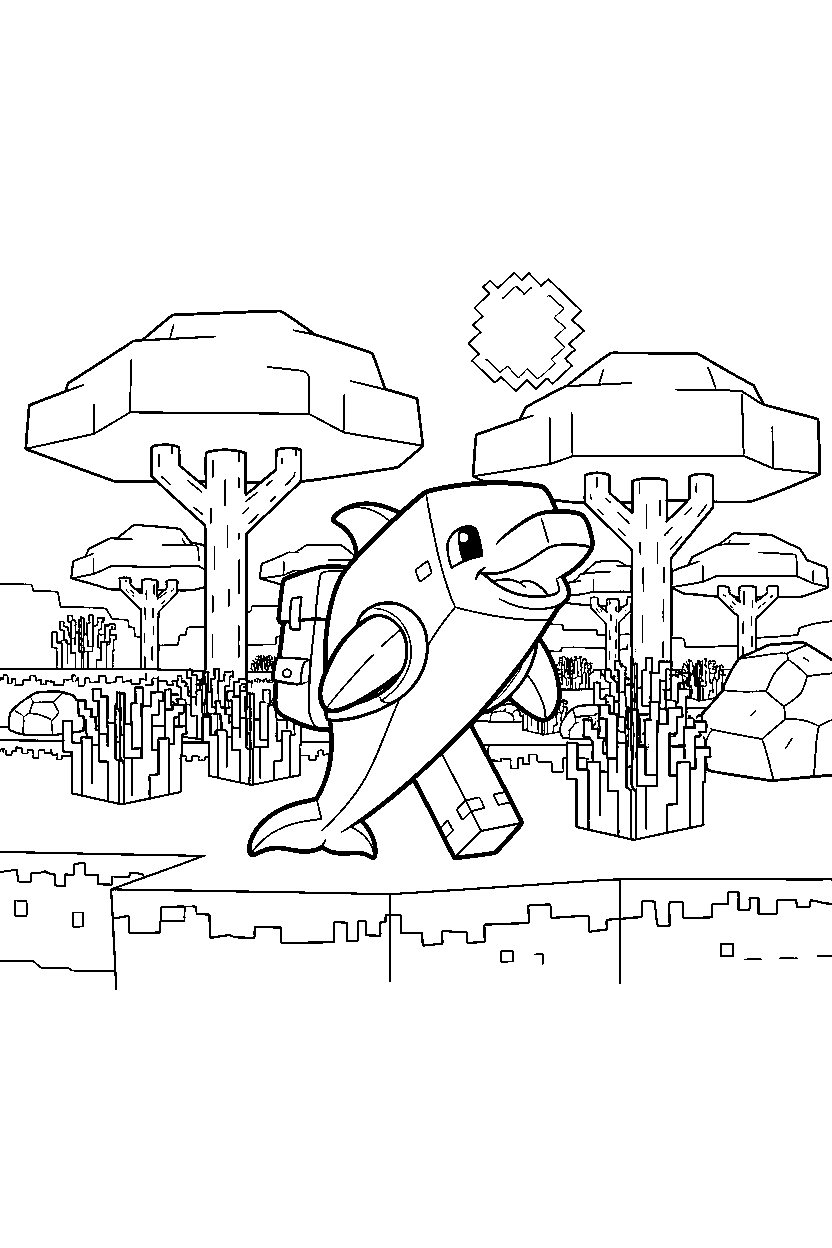 minecraft dolphin walking happily in a savanna line art